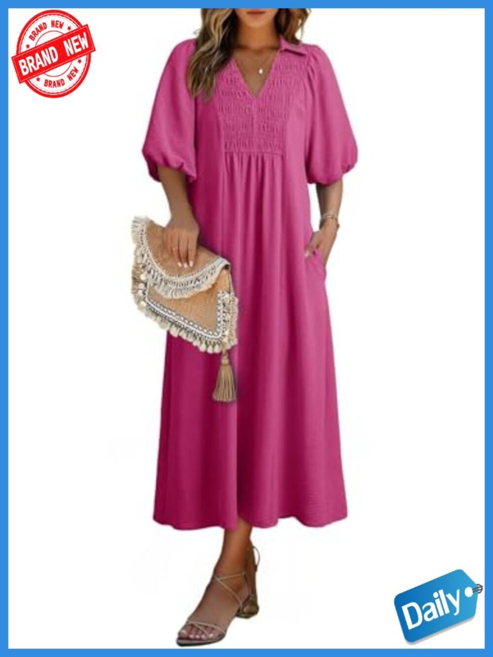 V Neck Puff Sleeve Empire Waist A-Line Maxi Dress with Pockets